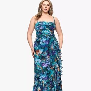 Xscape Vibrant Blue and Green Floral Maxi Dress